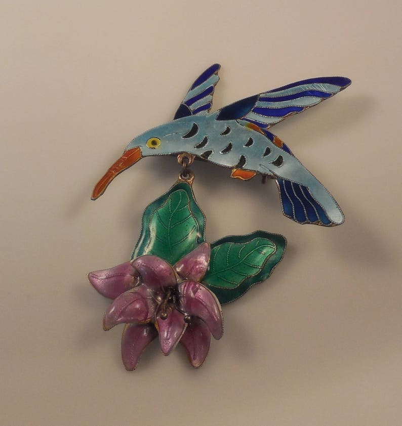 Vintage Zarah Cloisonn\u00e9 Enamel Figural Hummingbird Dangling Flower Sterling Silver 24k Gold Wash Brooch Pin
