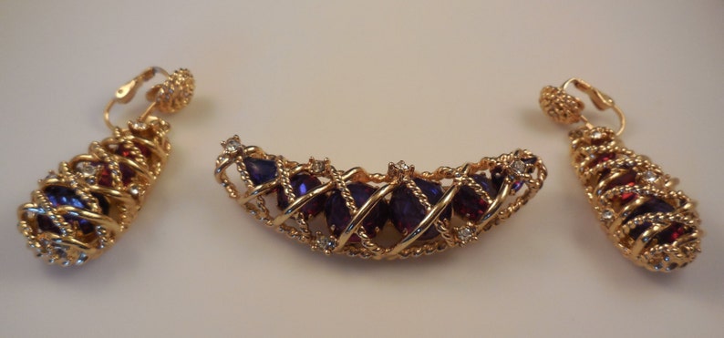 Vintage 1950s Hattie Carnegie Watermelon Rhinestone Brooch Pin Clip Earrings Demi Parure