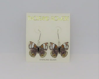 Vintage Thousand Flowers 1980s Figural Butterfly Cloisonné Enamel Sterling Silver Pierced Earrings New Old Stock