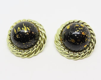 Vintage Judy Lee Chunky Black and Gold Speckled Clip Earrings