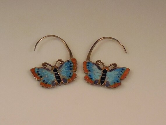 20/% OFF Vintage Thousand Flowers 1970s Cloisonn\u00e9 Enamel Butterfly Hoop Pierced Earrings Sterling Silver 24k Gold Wash