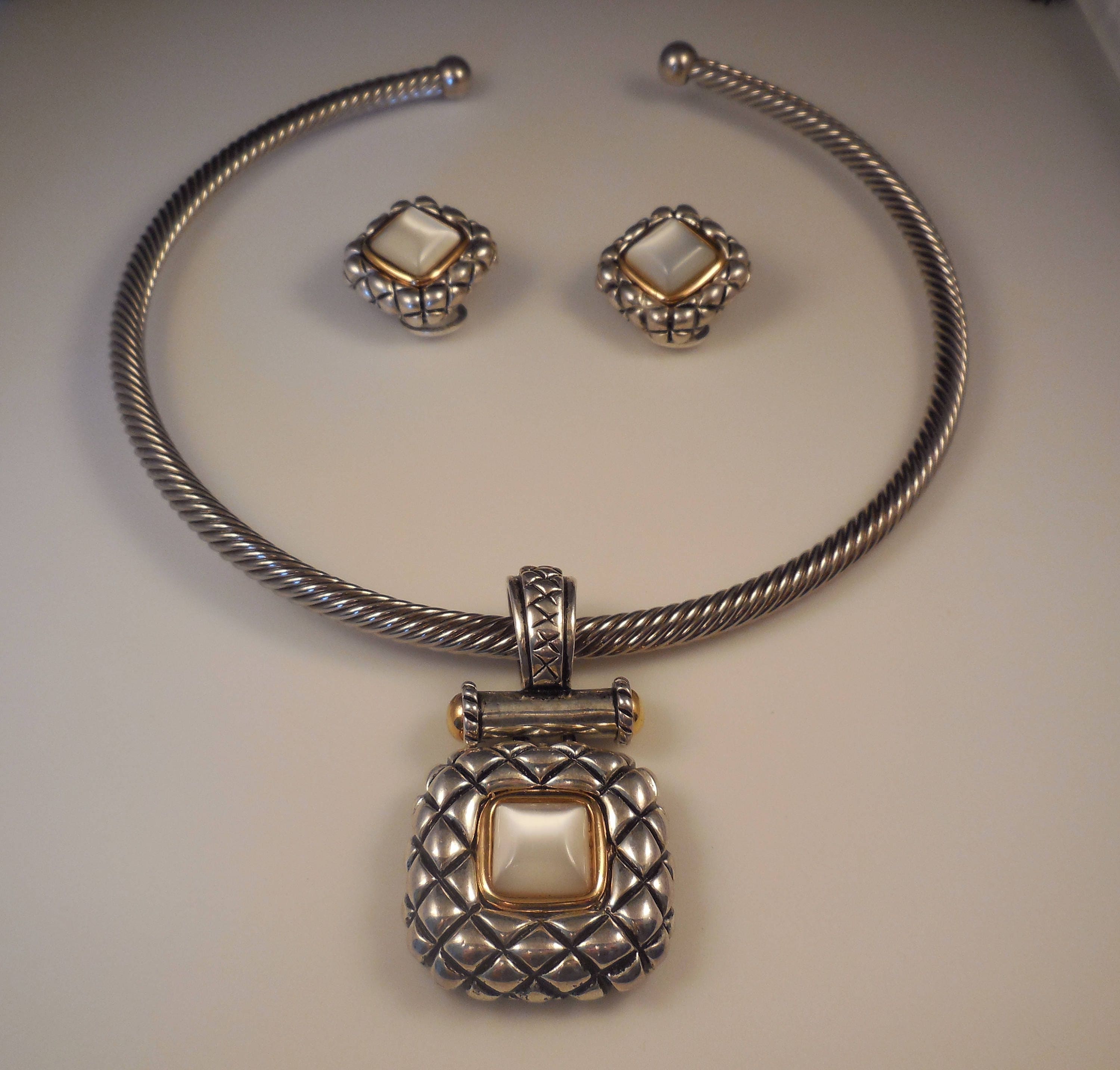 vintage premier designs silver tone gold tone collar mother of pearl pendant and matching clip earrings premier designs clip it
