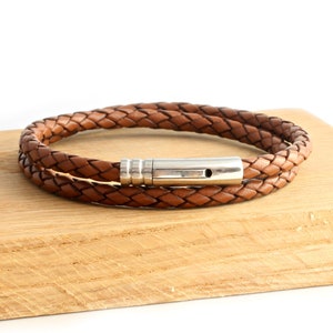 Mens Braided Leather Bracelet-Stainless Steel Clasp-Chunky Light Brown Leather Cord-Double Wrapped Bracelet-Great For Stacking