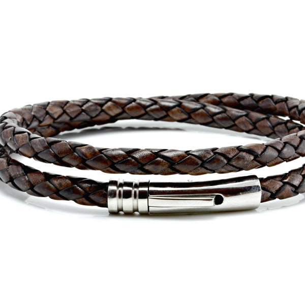 Mens Leather Wrap Bracelet With Stainless Steel Trigger Clasp-Genuine 5mm Antique Brown Braided Leather Cord-Double Wrapped Man Bracelet