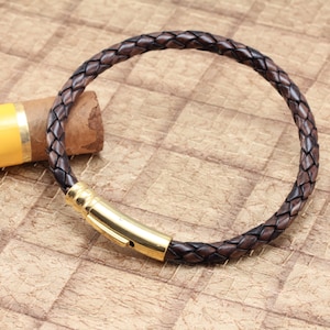 Gevlochten leren herenarmband met gouden sluiting-5 mm antiekbruin gevlochten leer-gouden roestvrijstalen leren armband met sluiting