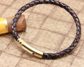 Mens Braided Leather Bracelet With Gold Clasp-5mm Antique Brown Braided Leather-Gold Stainless Steel Clasp Leather Bracelet