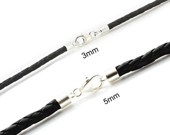 Genuine Braided leather necklace with sterling silver ends and clasp-Real Leather Thong/Cord necklace-Size choice-Black