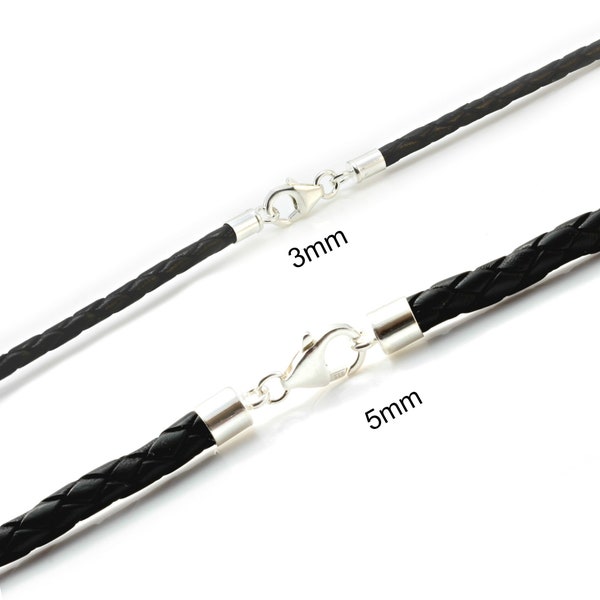 Genuine Braided leather necklace with sterling silver ends and clasp-Real Leather Thong/Cord necklace-Size choice-Black