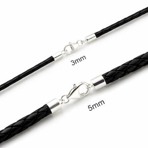 Echte gevlochten leren ketting met sterlingzilveren uiteinden en sluiting-Maatkeuze-Zwart