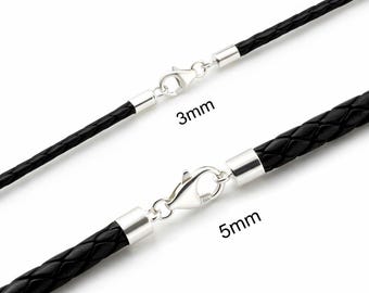 Echte gevlochten leren ketting met sterlingzilveren uiteinden en sluiting-Maatkeuze-Zwart
