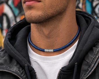 Collana da uomo in pelle blu intrecciata – Chiusura in argento sterling, cordino autentico da 5 mm
