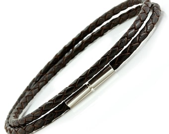 Mens/Ladies 3mm Braided Leather Bracelet with Sterling Silver Twist Clasp-Genuine Double Wrapped Dark Brown Leather Cord