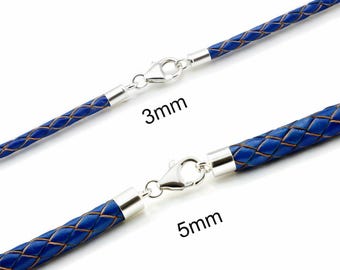 Blau Geflochtene Lederkette mit Sterling Silber Verschluss, 3 mm oder 5 mm