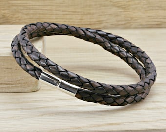 Mens Genuine leather Bracelet with Sterling Silver Push & Twist Clasp | 5mm Double Wrapped Braided Leather Wristband | Antique Dark Brown