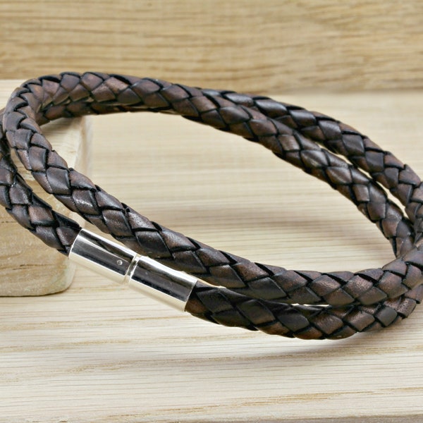 Pulsera de cuero genuino para hombre con cierre de presión y giro de plata de ley / Pulsera de cuero trenzado de doble envoltura de 5 mm / Marrón oscuro antiguo