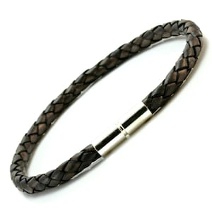 Mens Braided leather & Sterling Silver Bracelet | 925 Silver Push and Twist Clasp | 5mm Antique Dark Brown Woven WristBand