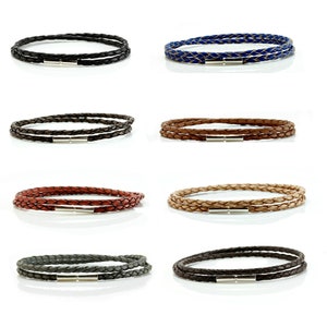 Echt leren armband - dubbel gewikkelde gevlochten leren polsband - sterlingzilveren druk- en draaisluiting
