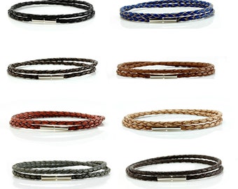 Genuine Leather Bracelet-Double Wrapped Braided Leather Wristband-Sterling Silver Push and Twist Clasp