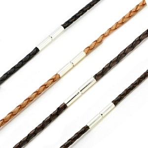 Mens / Ladies 3mm Braided leather necklace with sterling silver push and twist clasp-Genuine Leather Thong/Cord necklace-Colour Choice