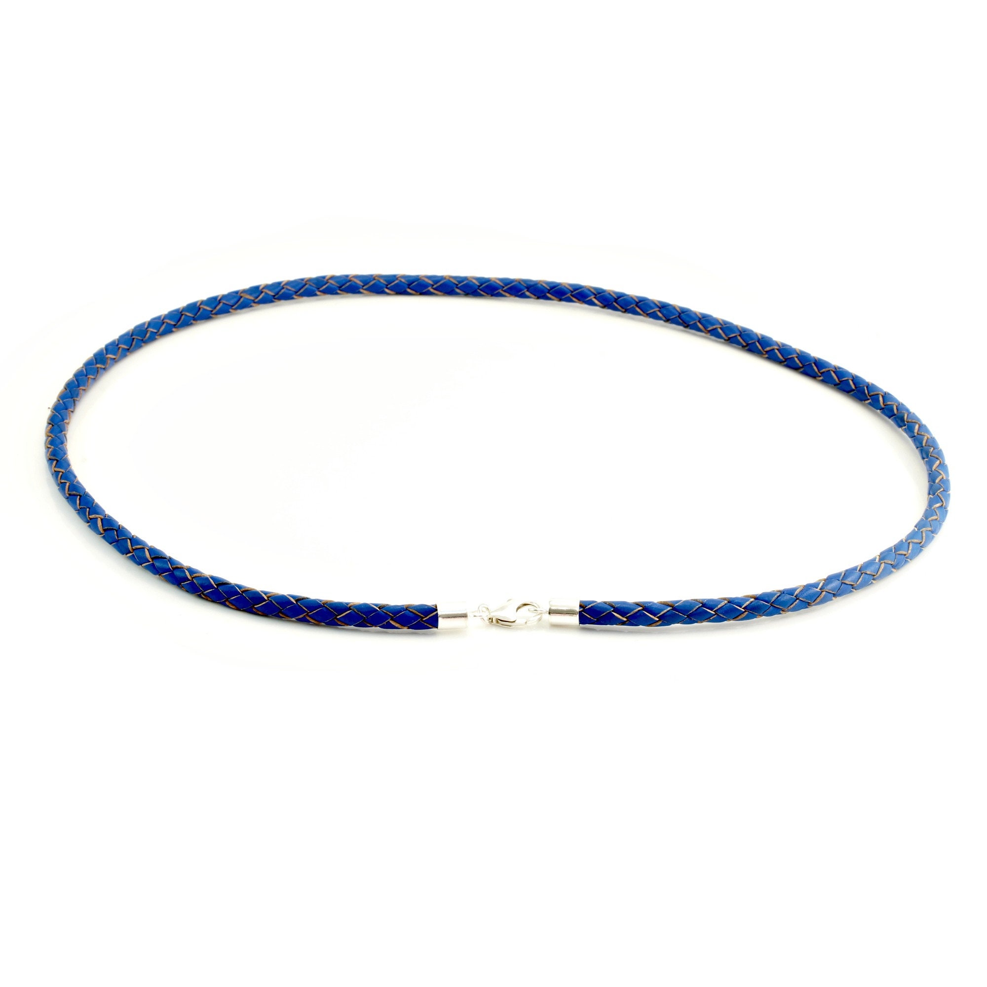 Collana In Pelle Intrecciata Blu E Argento Sterling - Uomo/Donna, CMJ London, 925