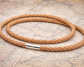 Leren ketting heren/dames - sterlingzilveren draaisluiting - 5 mm gevlochten koord - natuurlijk bruin