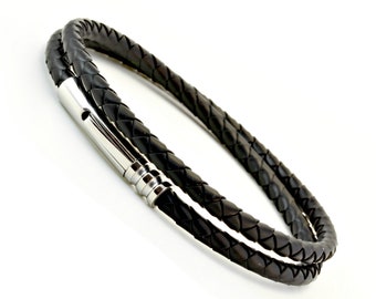 Mens Braided Rubber Bracelet With Stainless Steel Trigger Clasp-Quality Double Wrapped black Rubber Wristband-Gift for Him-Mens Gift