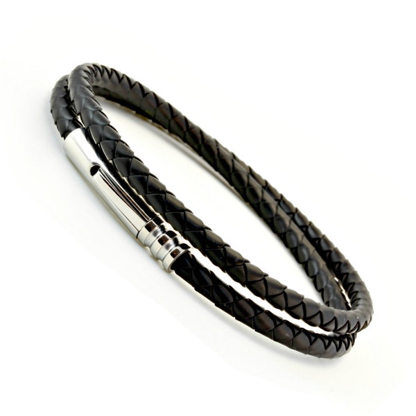 Mens Braided Rubber Bracelet With Stainless Steel Trigger Clasp-Quality Double Wrapped black Rubber Wristband-Gift for Him-Mens Gift