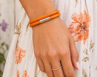 Orange Nappa Leather Wrap Bracelet with Sterling Silver Clasp-5mm Double Wrapped