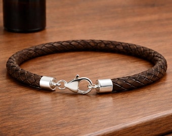 Herren geflochtenes Lederarmband-Sterling Silber Enden und Verschluss-Antique Dark Brown