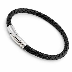 Pulsera de cuero para hombre con cierre de mosquetón de acero inoxidable y cordón trenzado negro de 5 mm.