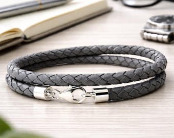 Men's Grey Braided Leather Bracelet-Sterling Silver Clasp-5mm Double Wrap