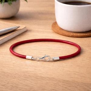 Red Leather Bracelet With sterling Silver Clasp-Genuine 3mm Greek Cord-Add Charms Bracelet