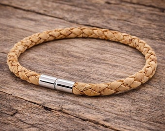 Pulsera de corcho trenzado para hombre - Natural, vegana con cierre giratorio de plata