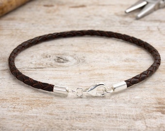 Dunkelbraunes Geflochtenes Lederarmband mit Sterling Silber Verschluss-3 mm
