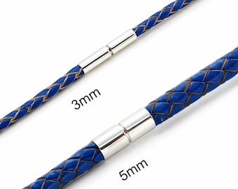 Herren Damen Blau Leder Halskette-Sterling Silber Twist Verschluss-Größe Wahl