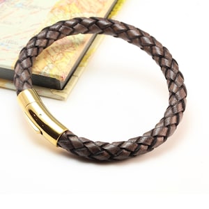 Man Leather Bracelet Gold Stainless Steel Clasp  Genuine Chunky 8mm antique Brown Braided Leather Bracelet for Him