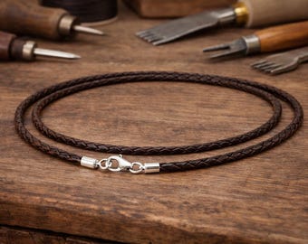 3mm Braided Dark Brown Leather Necklace - Sterling Silver Clasp