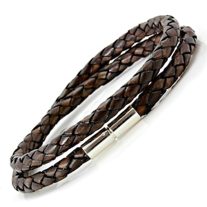 Herren Echtleder Armband-Sterling Silber Twist Verschluss-Double Wrapped-Antique Dark Brown