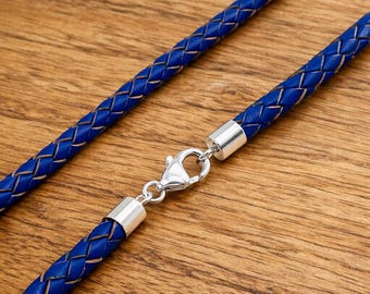Geflochtene Lederkette Blau, Verschluss aus 925er Silber, 5 mm