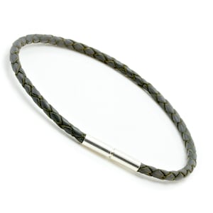 Mens/Ladies 3mm Braided Leather Bracelet With Sterling Silver Twist Clasp | Grey | Woven Leather | Gift for Him | Charm Bracelet