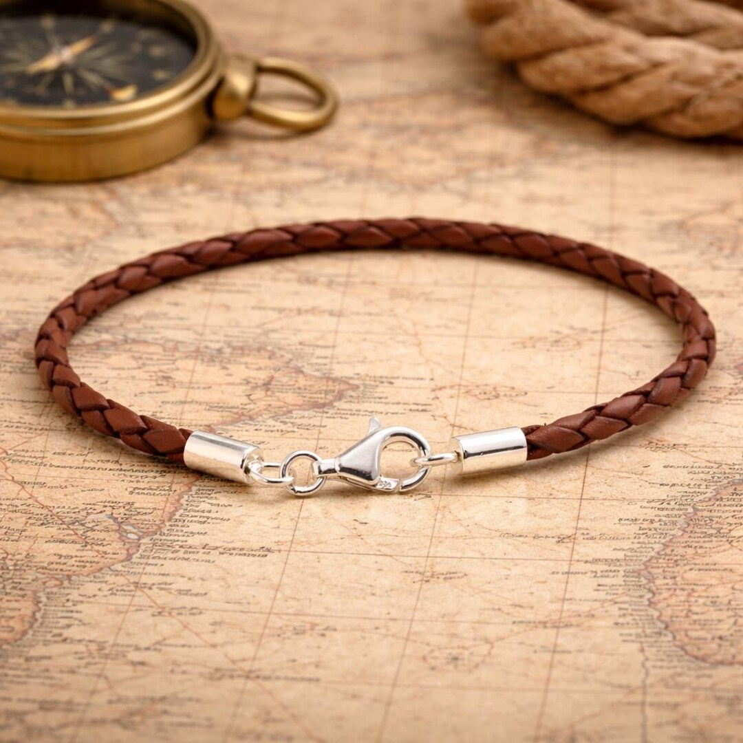 メンズ/レディース 編み込みレザーブレスレット スターリングシルバー