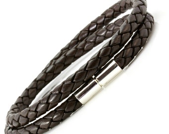 Mens Genuine leather Bracelet with Sterling Silver Push & Twist Clasp | 5mm Double Wrapped Braided Leather Wristband | Dark Brown