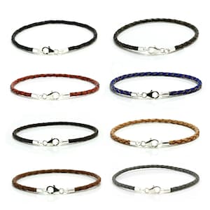 Mens/Ladies 3mm Braided Leather Bracelet-Sterling Silver Clasp-Colour Choice