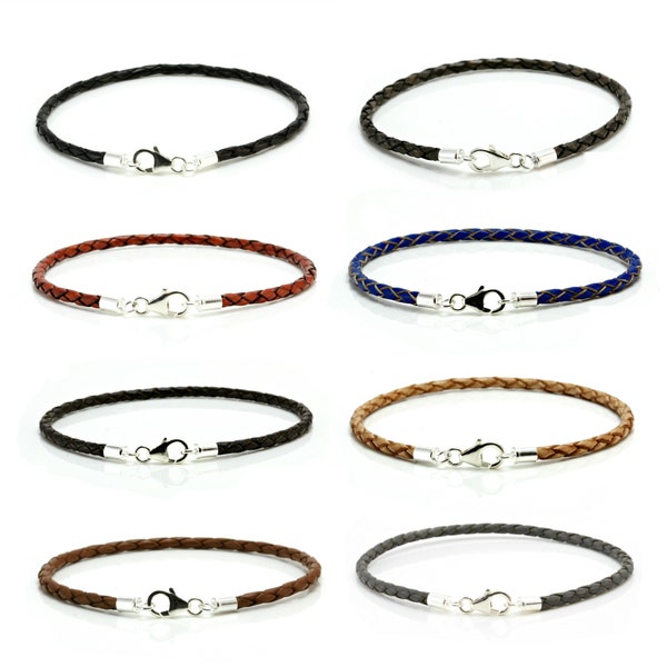 Mens/Ladies Genuine Leather Bracelet- 3mm Braided Leather-Sterling Silver Clasp-Colour Choice-Genuine Quality Leather-925 Silver