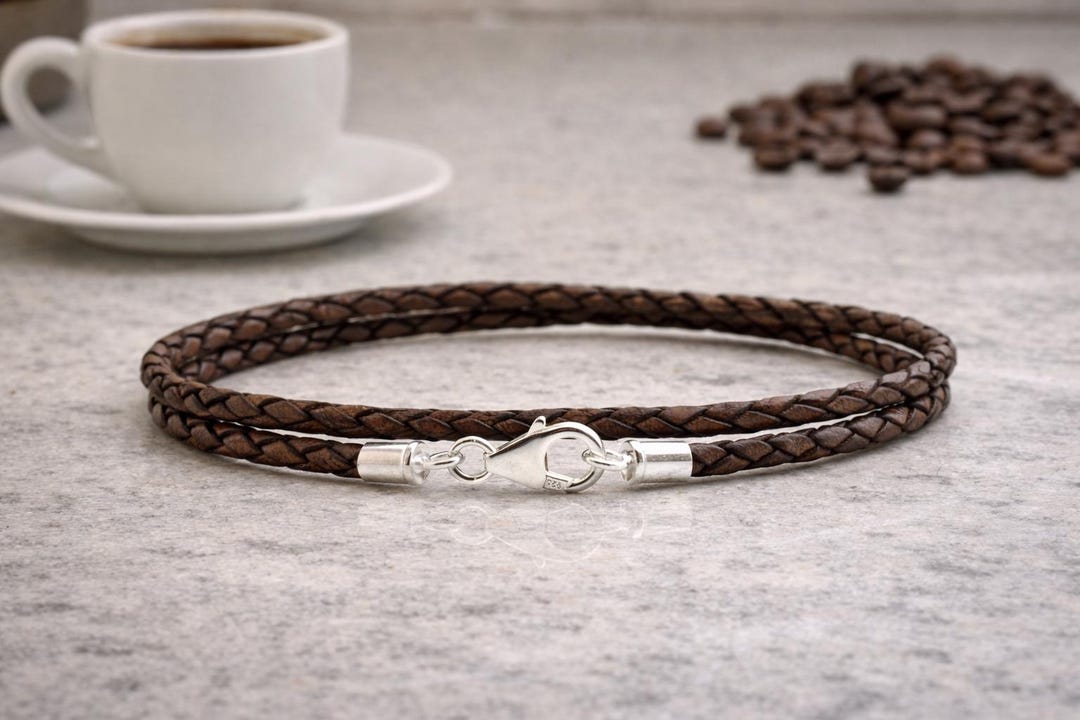 Da Uomo/ Donna Pelle Bracciale-Sterling Argento Intrecciato Clasp-3mm