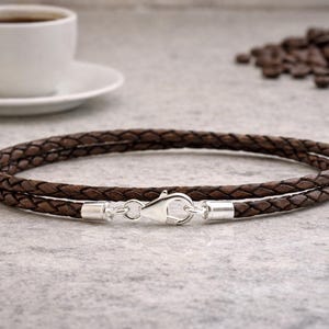 メンズレザーブレスレット - スターリングシルバー留め金 - ダブルラップ 3mm 編み込み アンティーク ダークブラウン