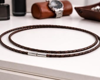 3 mm geflochtene Herrenlederhalskette-Sterling Silber Drehverschluss-Antik Dunkelbraun