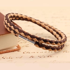 Men’s Braided Cork Bracelet 5mm Double Wrap Vegan Leather Alternative Brown Wristband with Sterling Silver Clasp
