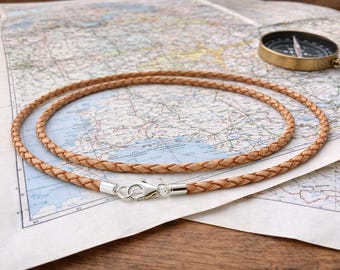 Natural Braided Leather Necklace-Sterling Silver Clasp-3mm
