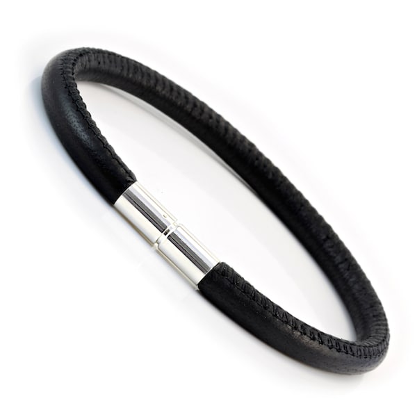 Nappa Leather Bracelet With sterling Silver Clasp-Genuine 5mm Black Italian Leather-Stitched Leather Bracelet For Men or ladies